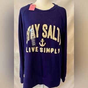 Simply Southern Blue and White Crew Neck Terry Cloth Sweater